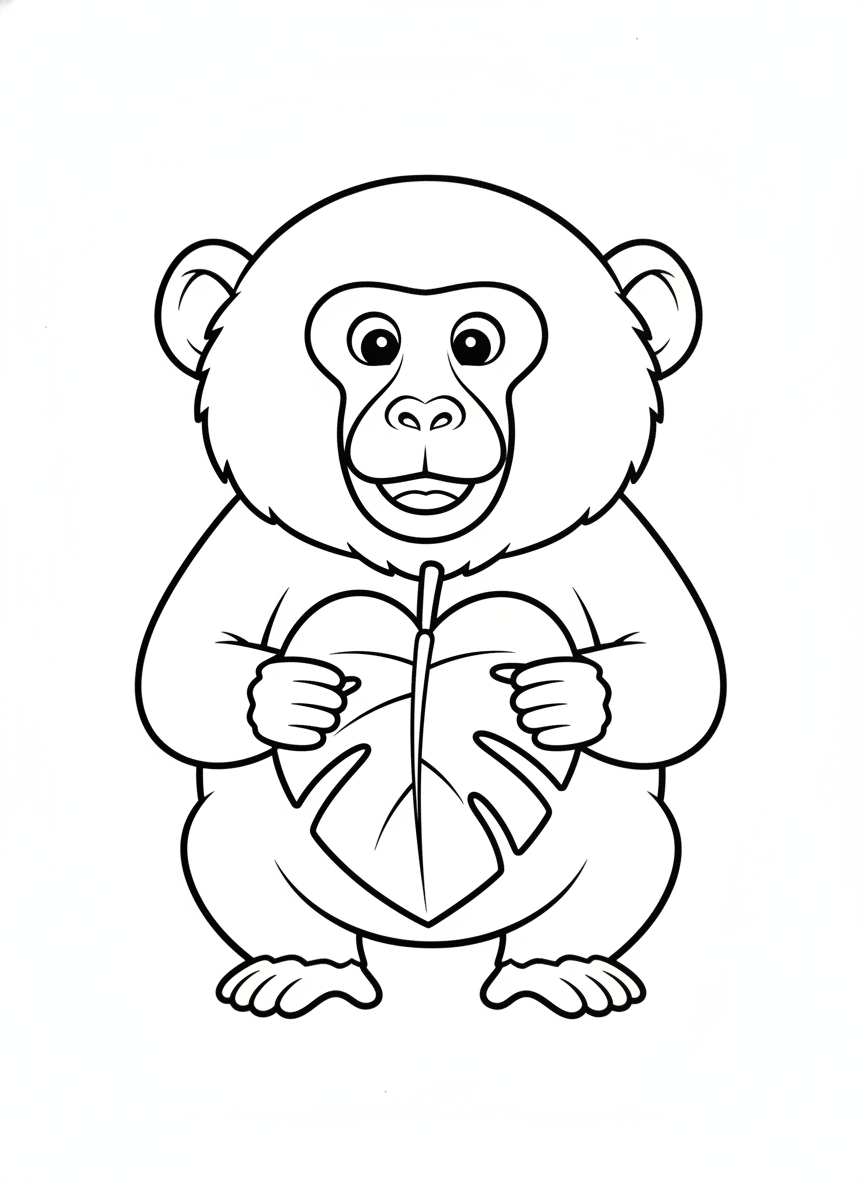 Adorable Baboon Holding a Leaf Coloring Page for Kids