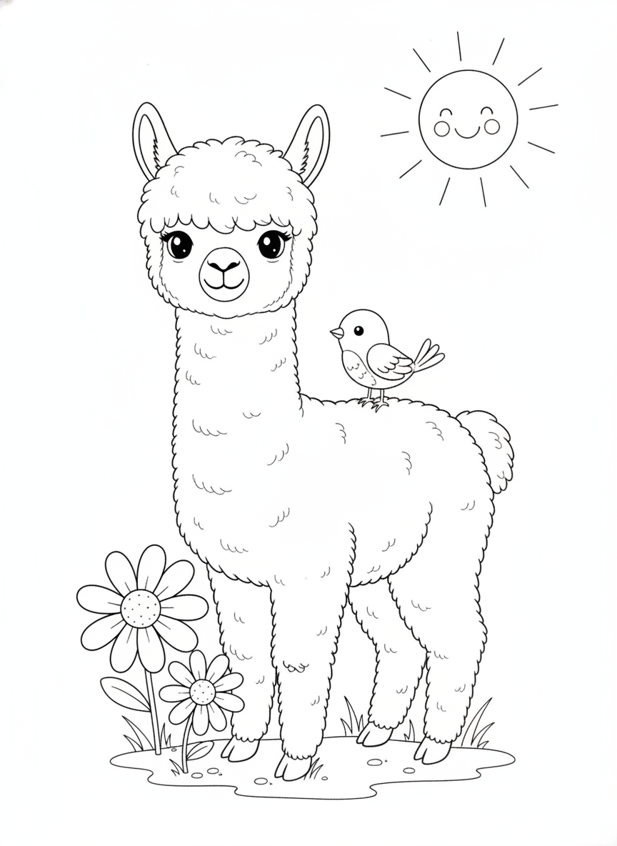 Adorable Baby Alpaca & Bird: Fun Meadow Coloring Page for Kids