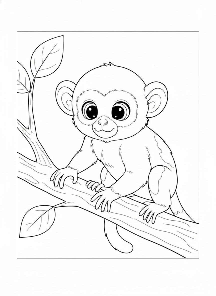 Adorable Baby Bushmonkey Climbing Coloring Page for Kids