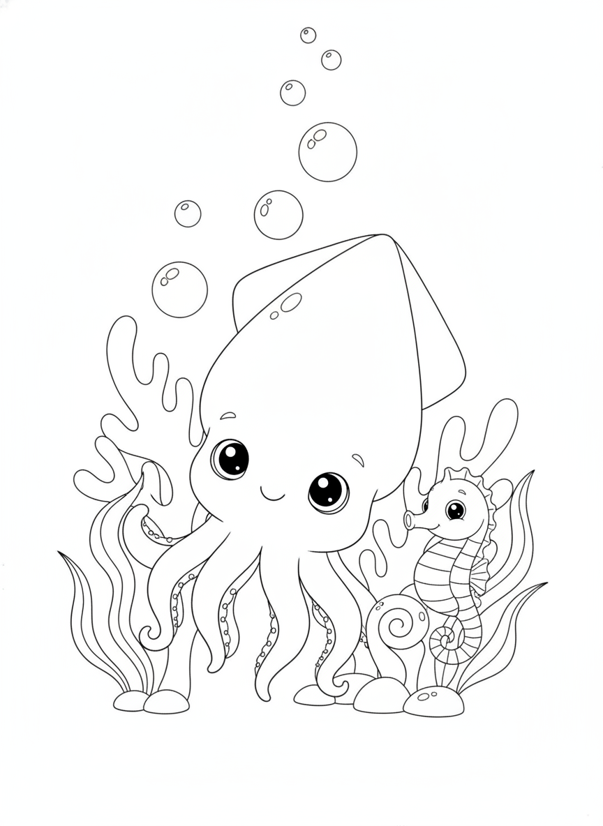 Adorable Baby Squid & Seahorse Underwater Garden Coloring Page