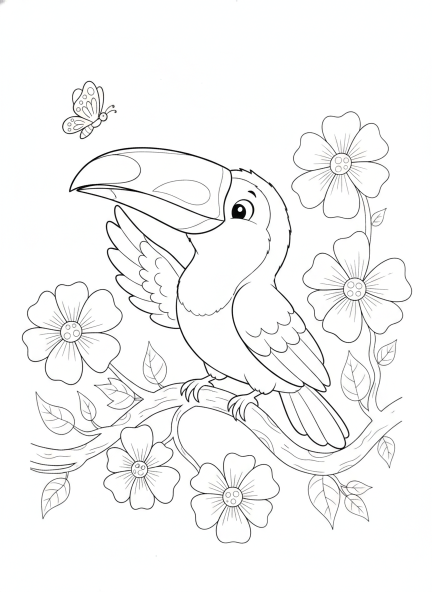 Adorable Baby Toucan & Butterfly Tropical Adventure Coloring Page