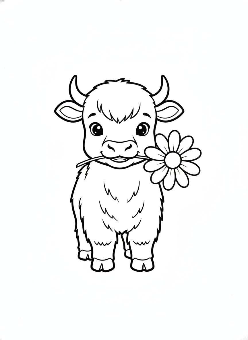 Adorable Baby Yak with Flower Coloring Page for Kids