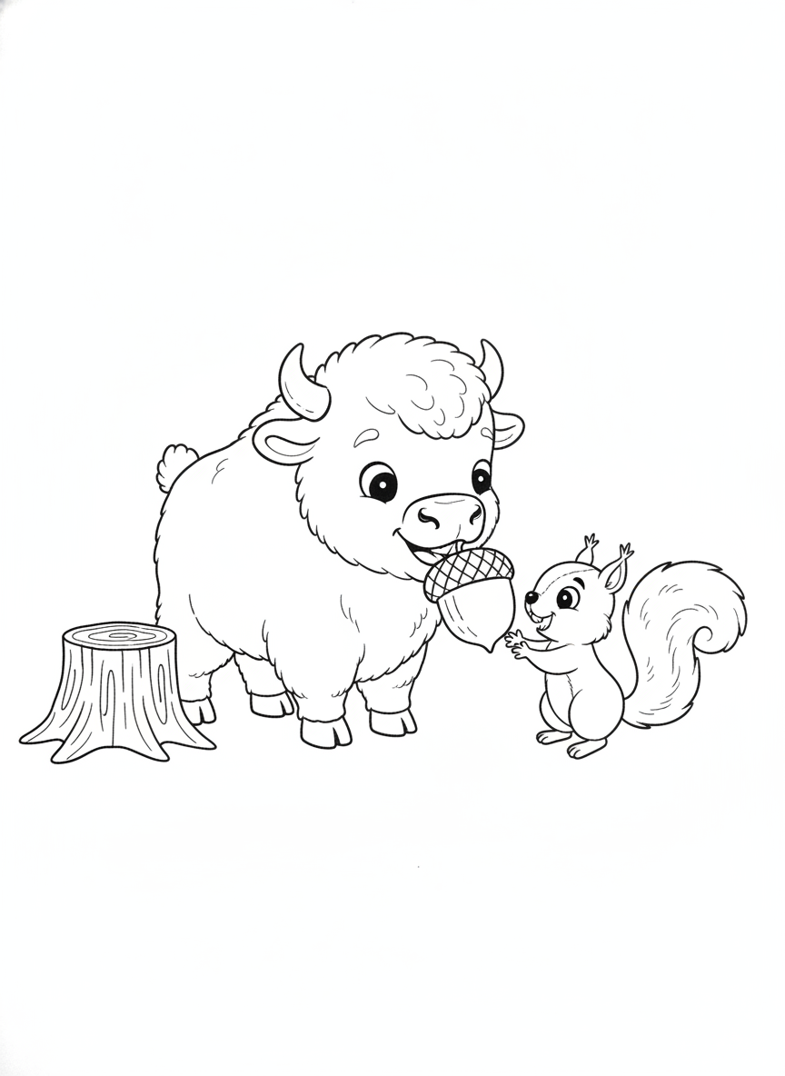 Adorable Bison Calf and Squirrel Sharing an Acorn