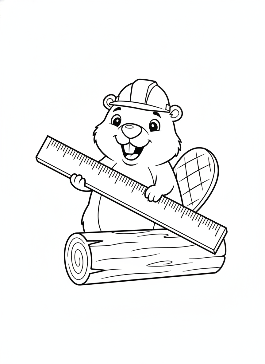 Adorable Cartoon Beaver with Hard Hat Measuring a Log Coloring Page