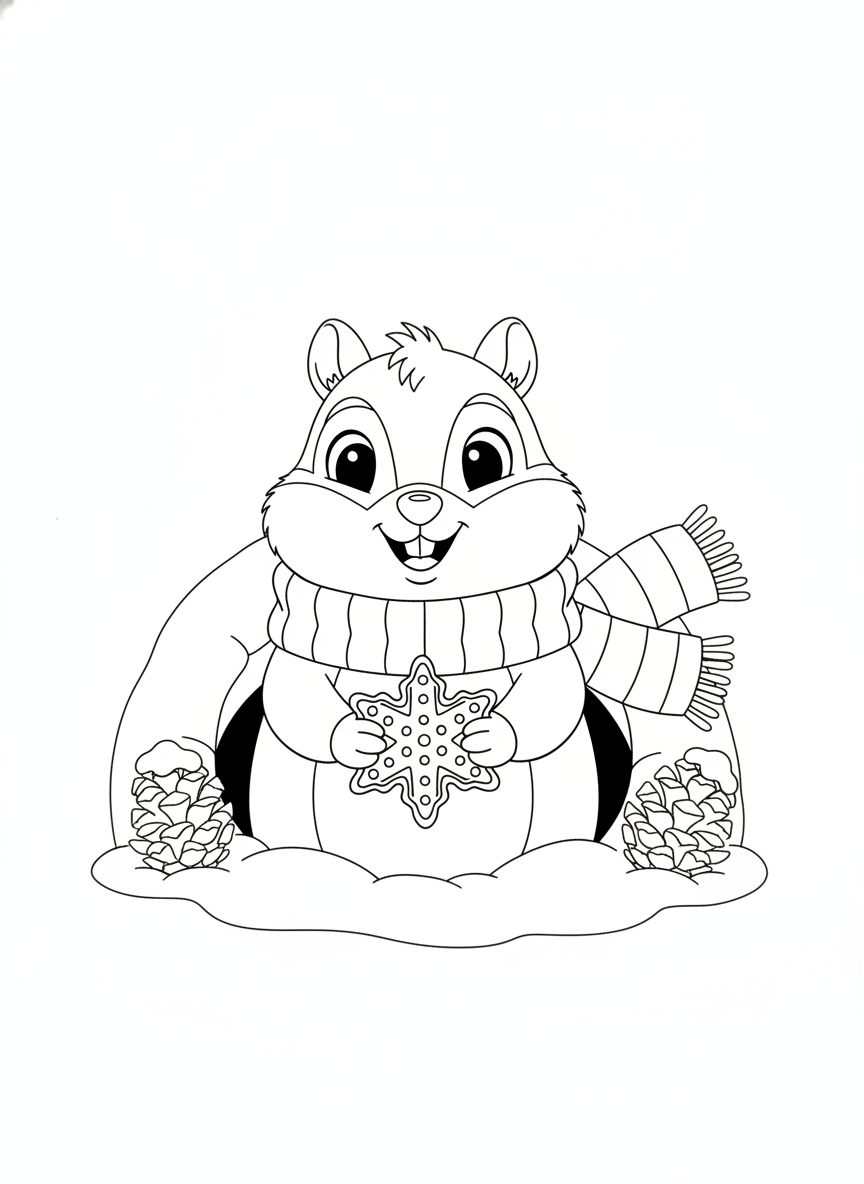 Adorable Chipmunk in Snowy Burrow with Snowflake Cookie Coloring Page