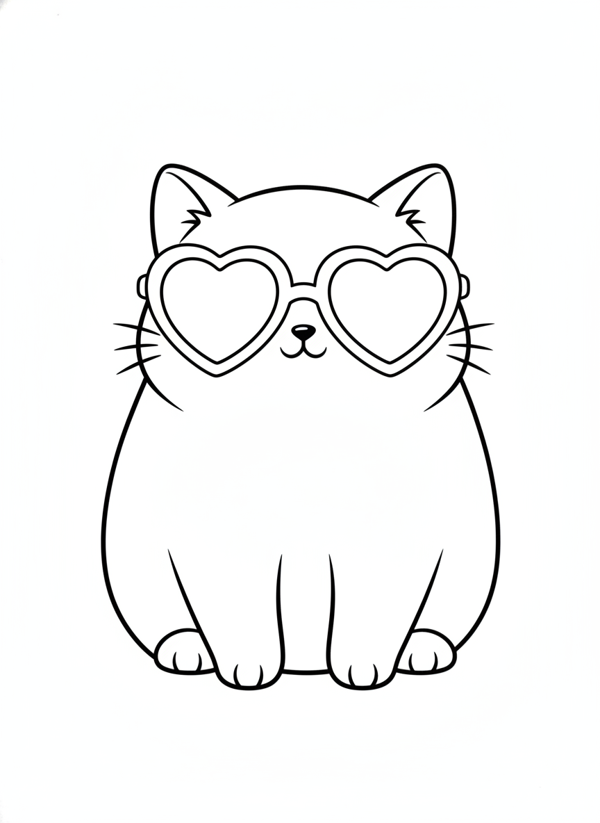 Adorable Chubby Cat Wearing Heart Sunglasses Coloring Page for Kids