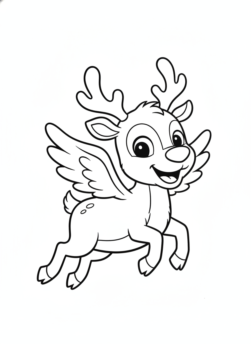 Adorable Flying Reindeer Coloring Page for Kids