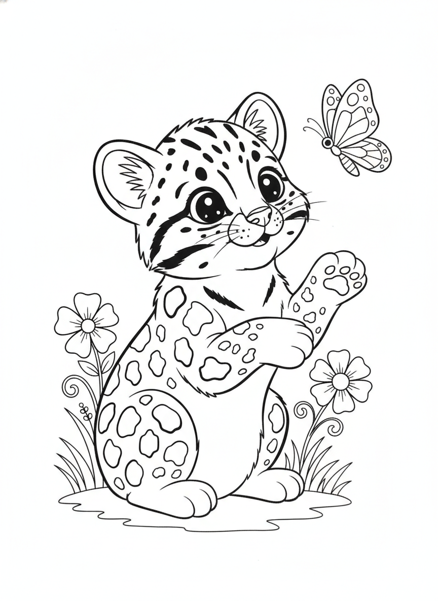 Adorable Leopard Cat Cub and Butterfly: A Fun Coloring Page for Kids