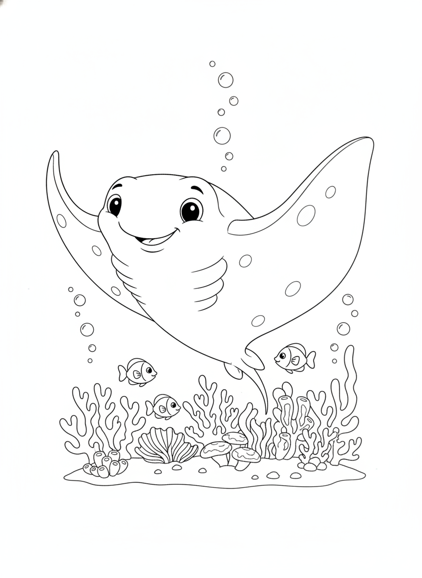 Adorable Manta Ray in a Vibrant Coral Reef Coloring Page for Kids