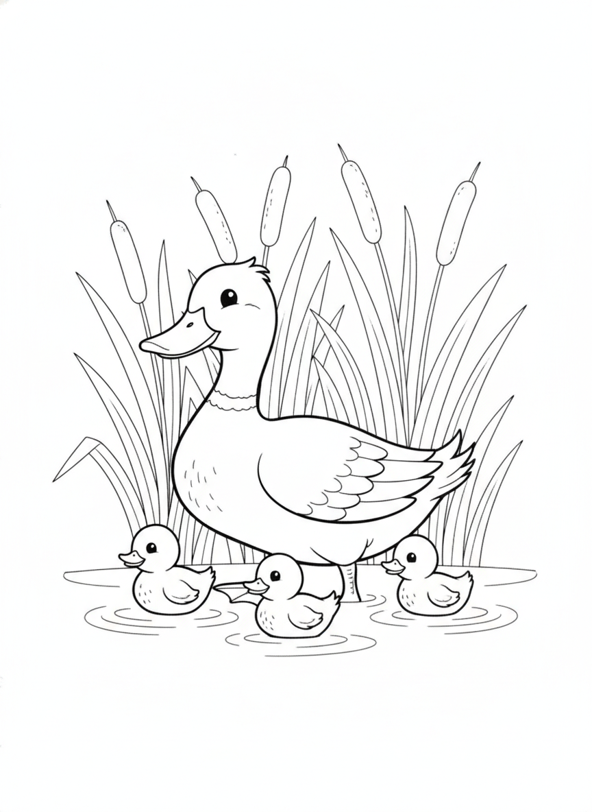 Adorable Mother Duck and Ducklings Coloring Page: A Pondside Adventure