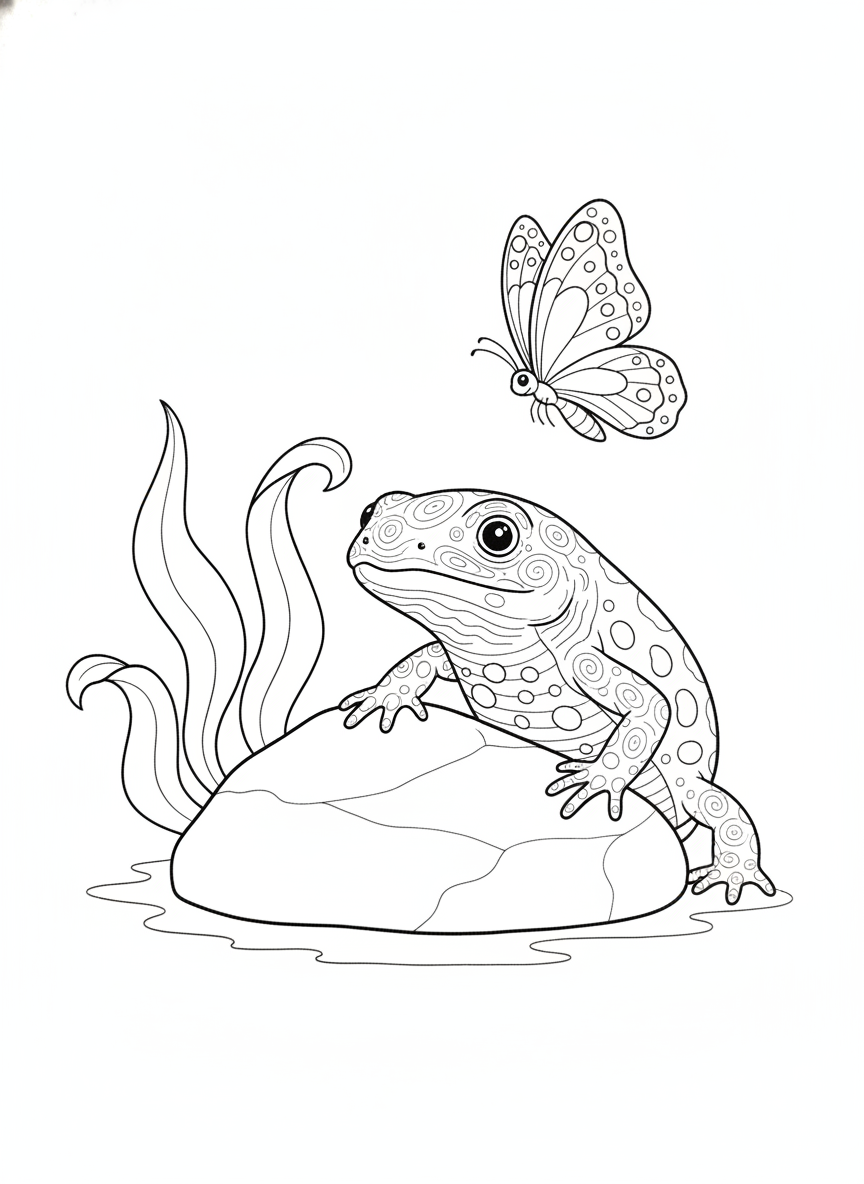 Adorable Oriental Newt with Butterfly and Aquatic Plants Coloring Page