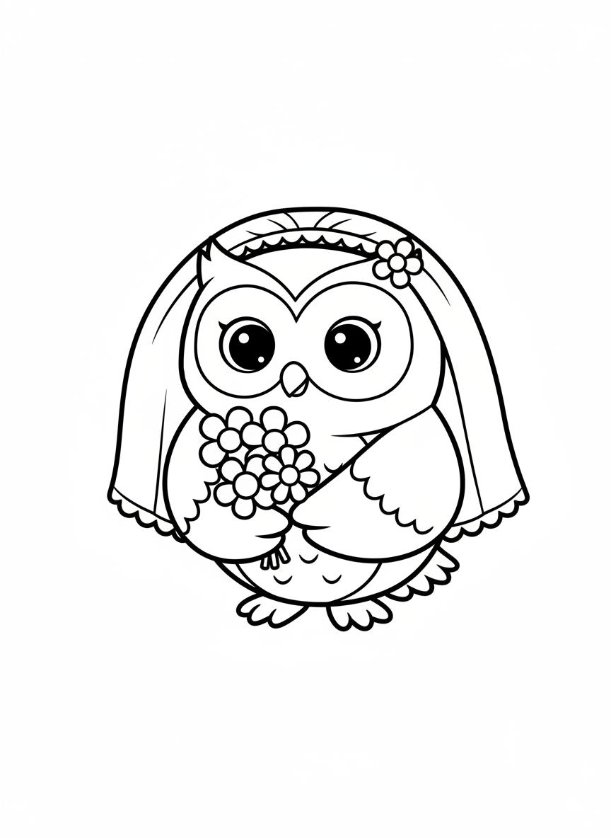 Adorable Owl Bride Coloring Page for Kids
