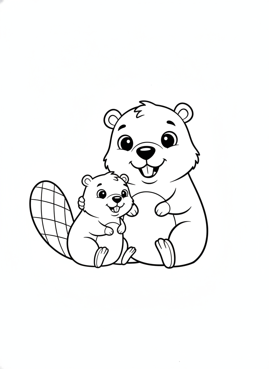Adorable Parent and Baby Beaver Coloring Page for Kids