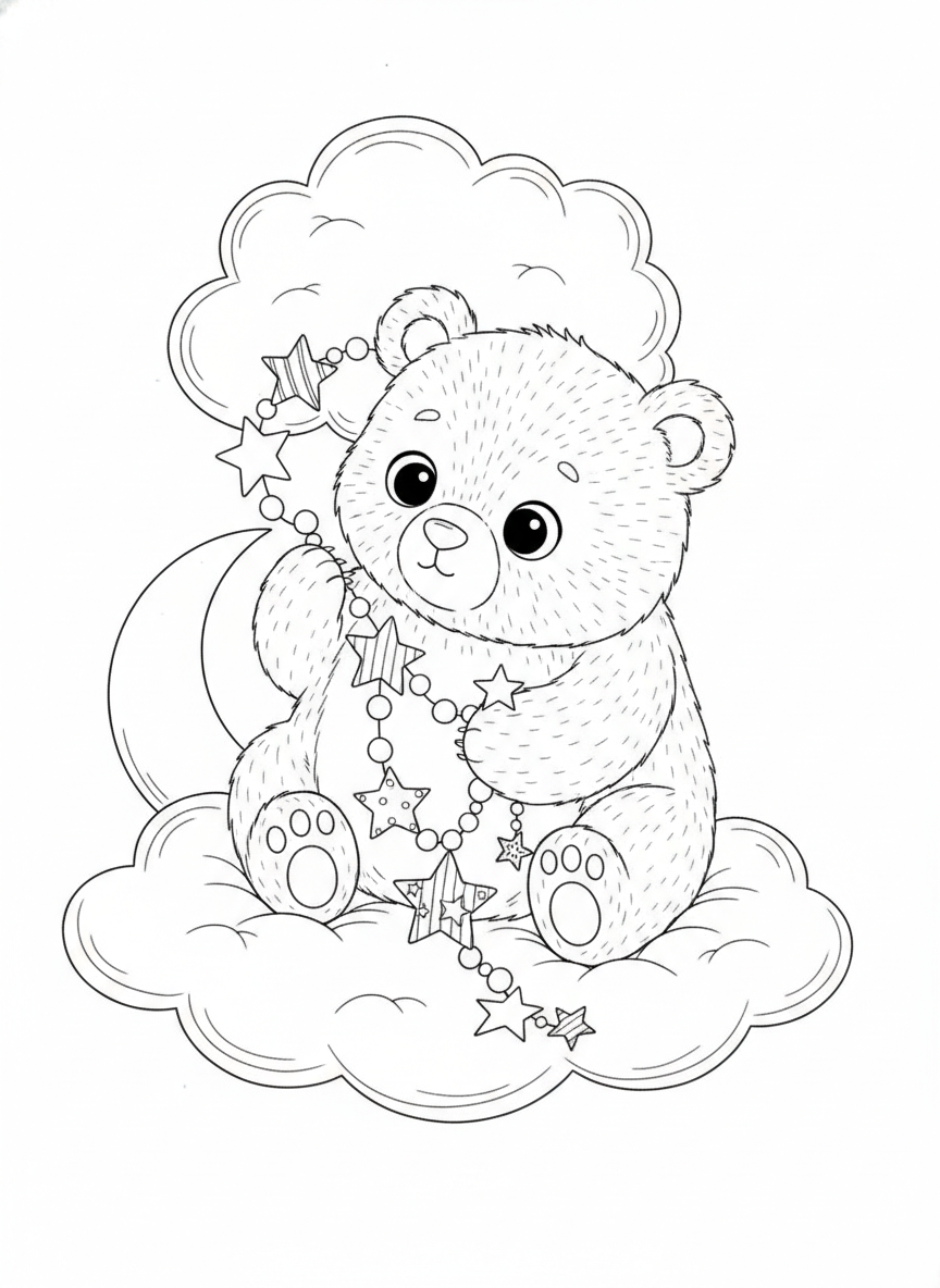 Adorable Sleepy Bear Cub with Star Garland Coloring Page