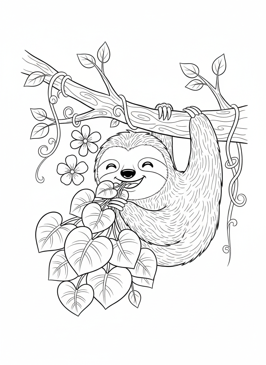Adorable Sloth Coloring Page: Cheerful Cartoon Sloth Munching Leaves