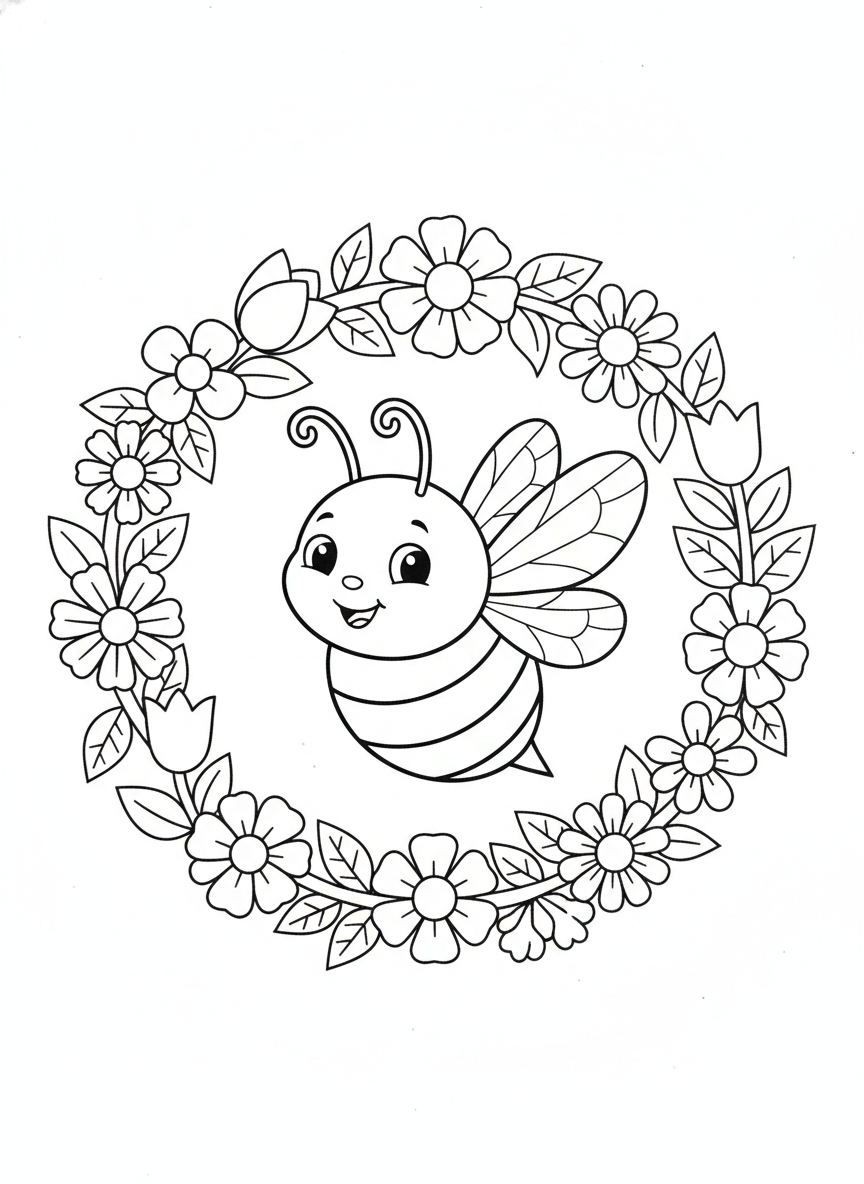 Adorable Smiling Bee on a Floral Wreath Coloring Page for Kids