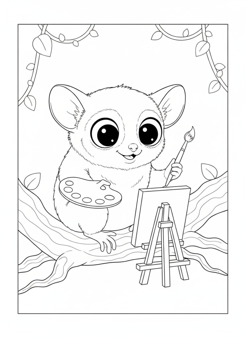Adorable Tarsier Artist: A Cute Jungle Adventure Coloring Page for Kids