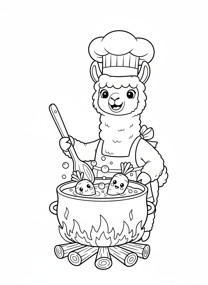 Alpaca Chef's Campfire Stew Coloring Page