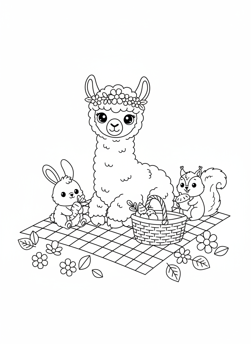 Alpaca Picnic with Bunny & Squirrel Coloring Page