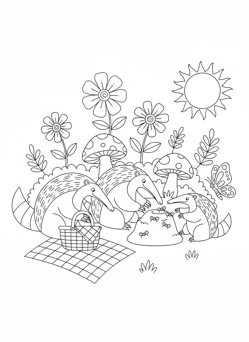 Anteater Family Picnic Coloring Page