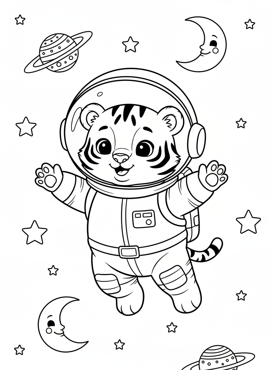 Astronaut Tiger Cub in Space Coloring Page