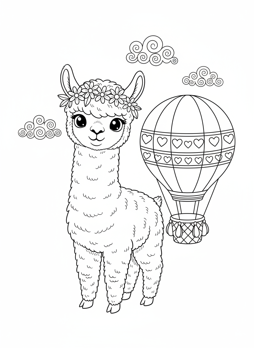 Baby Alpaca & Hot Air Balloon Coloring Page