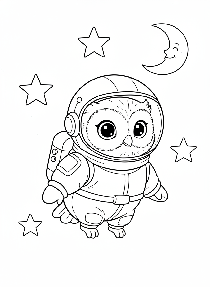 Baby Astronaut Owl Space Adventure Coloring Page