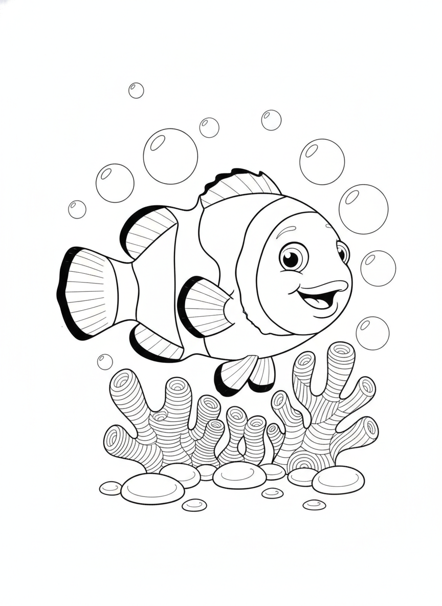 Baby Clownfish & Coral Reef Coloring Page