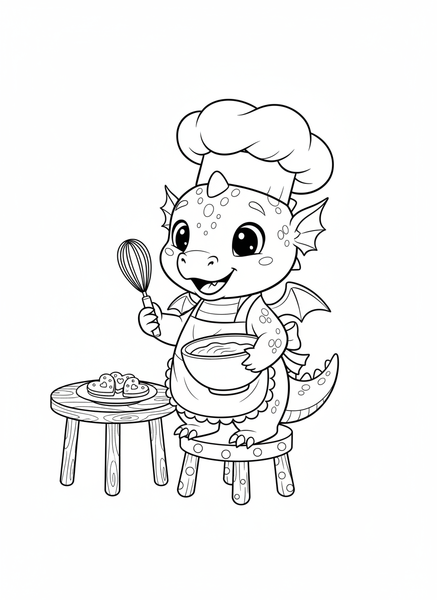 Baby Dragon Chef Baking Fun Coloring Page
