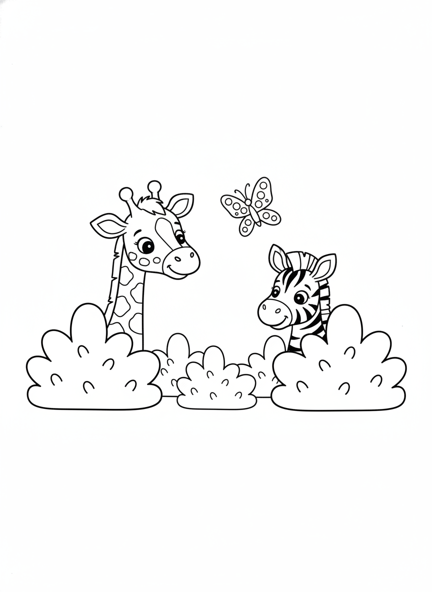 Baby Giraffe & Zebra Hide-and-Seek Coloring Page
