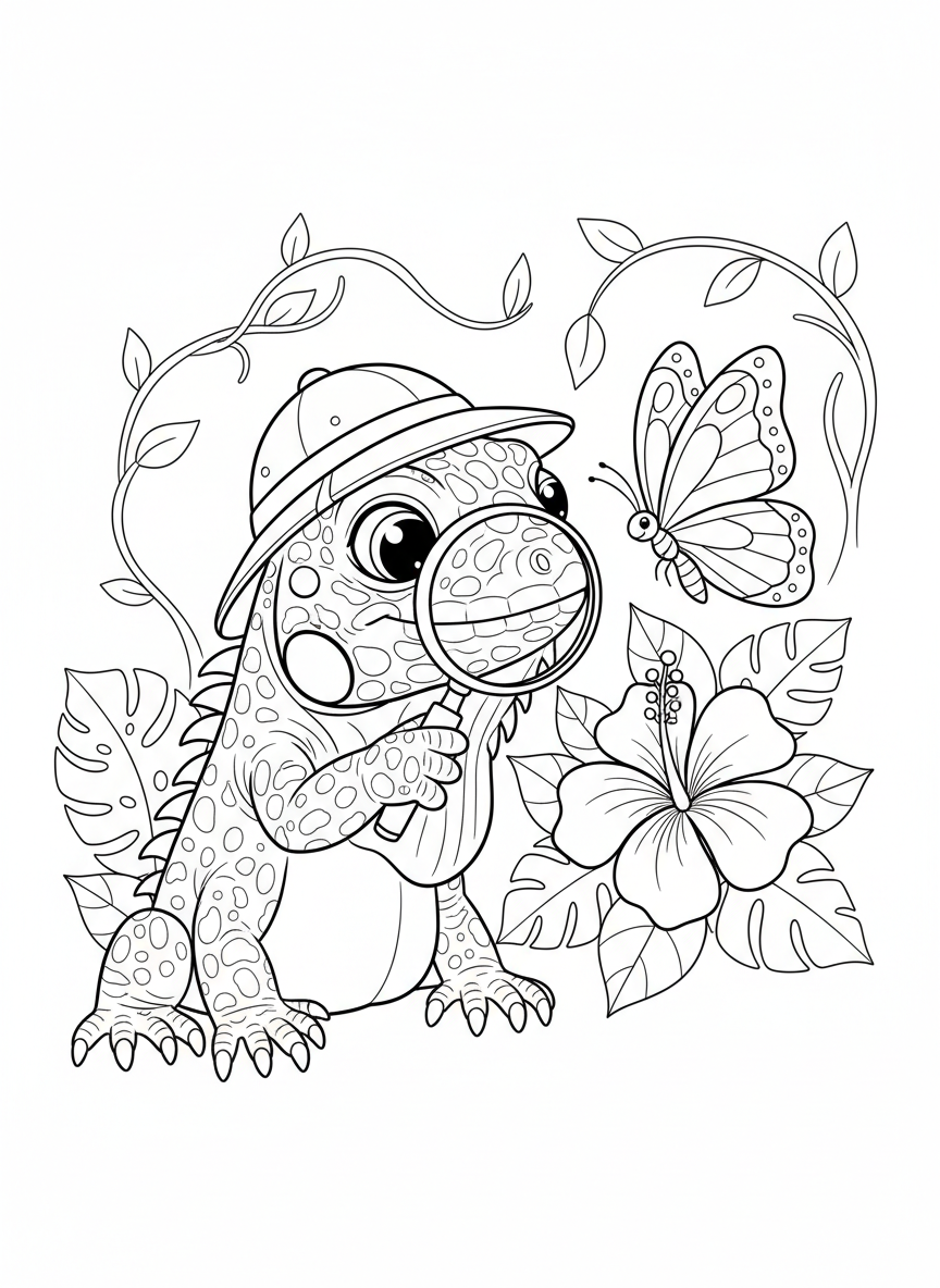 Baby Iguana Explorer Coloring Page