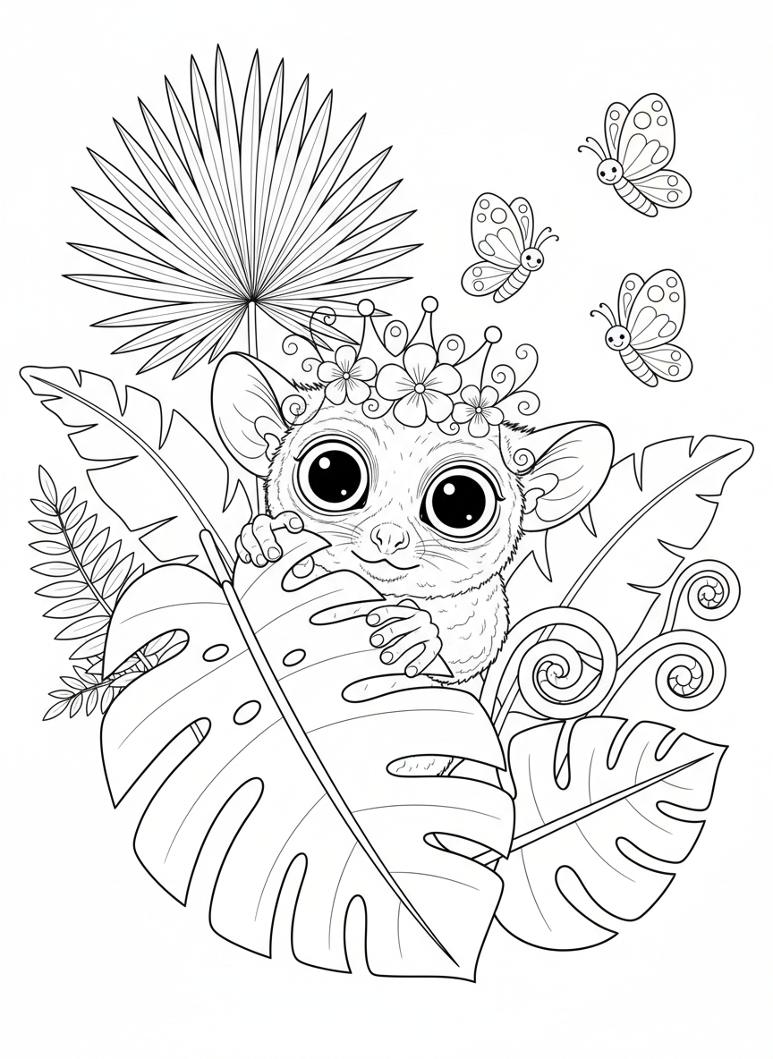Baby Tarsier Peeking from Tropical Leaf Coloring Page