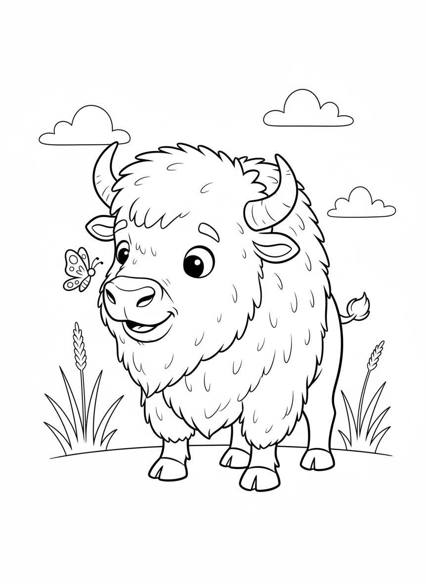 Bison and Butterfly Coloring Page for Kids