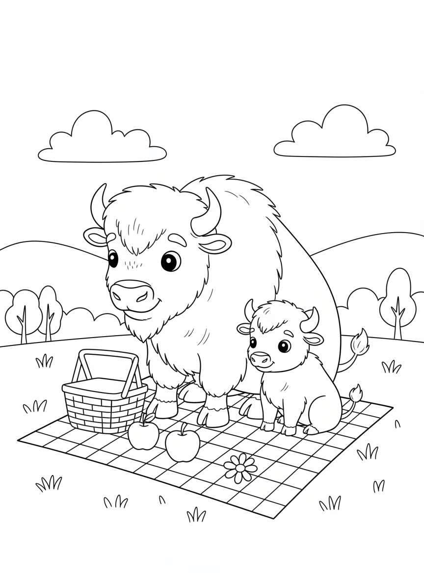 Bison Family Picnic Coloring Page