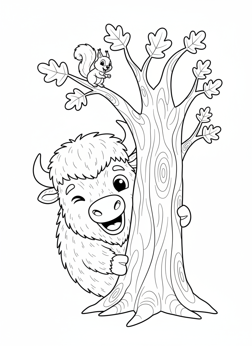 Bison Hide-and-Seek Coloring Page for Kids