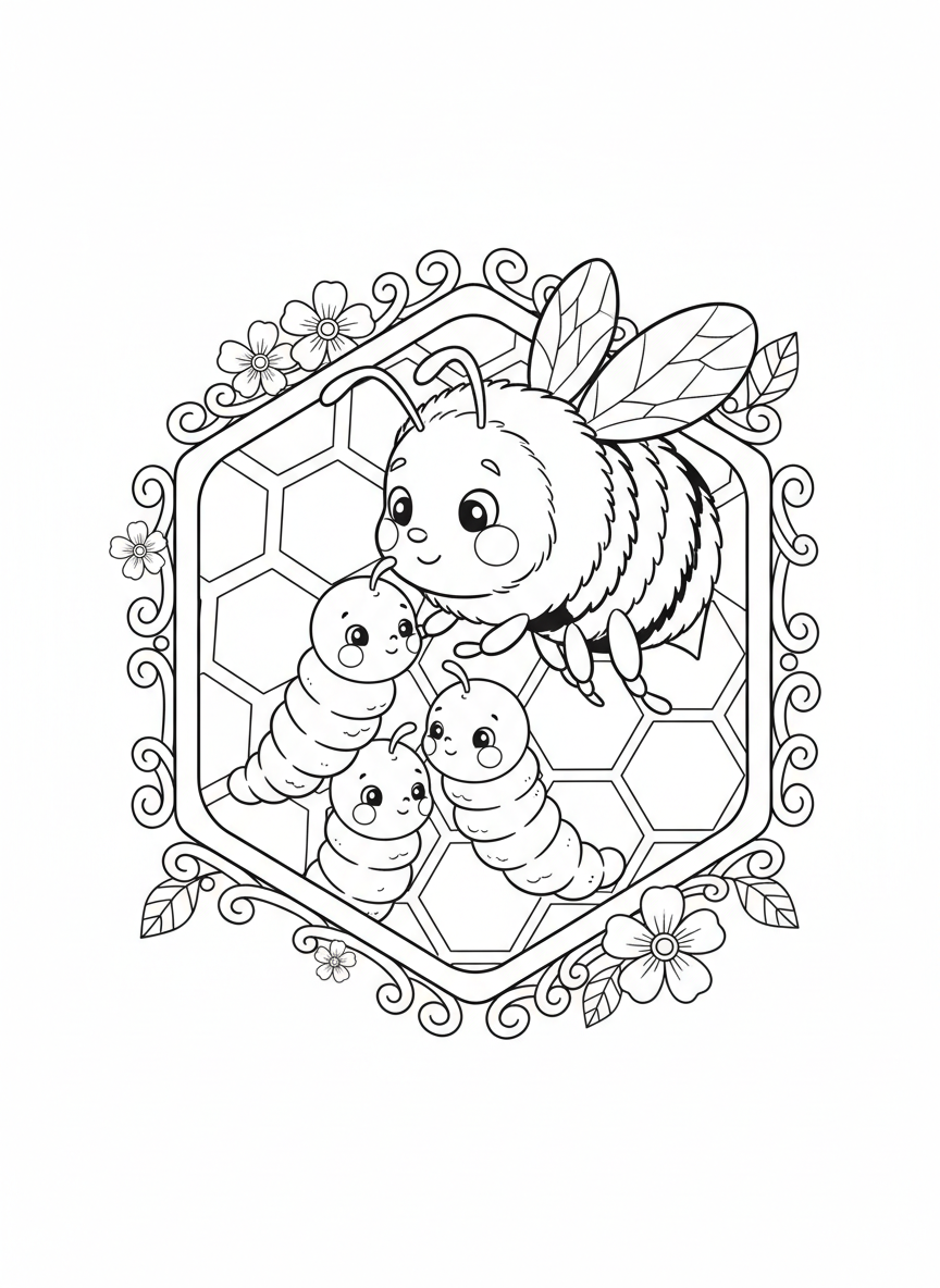 Bumblebee Nurturing Larvae in Honeycomb