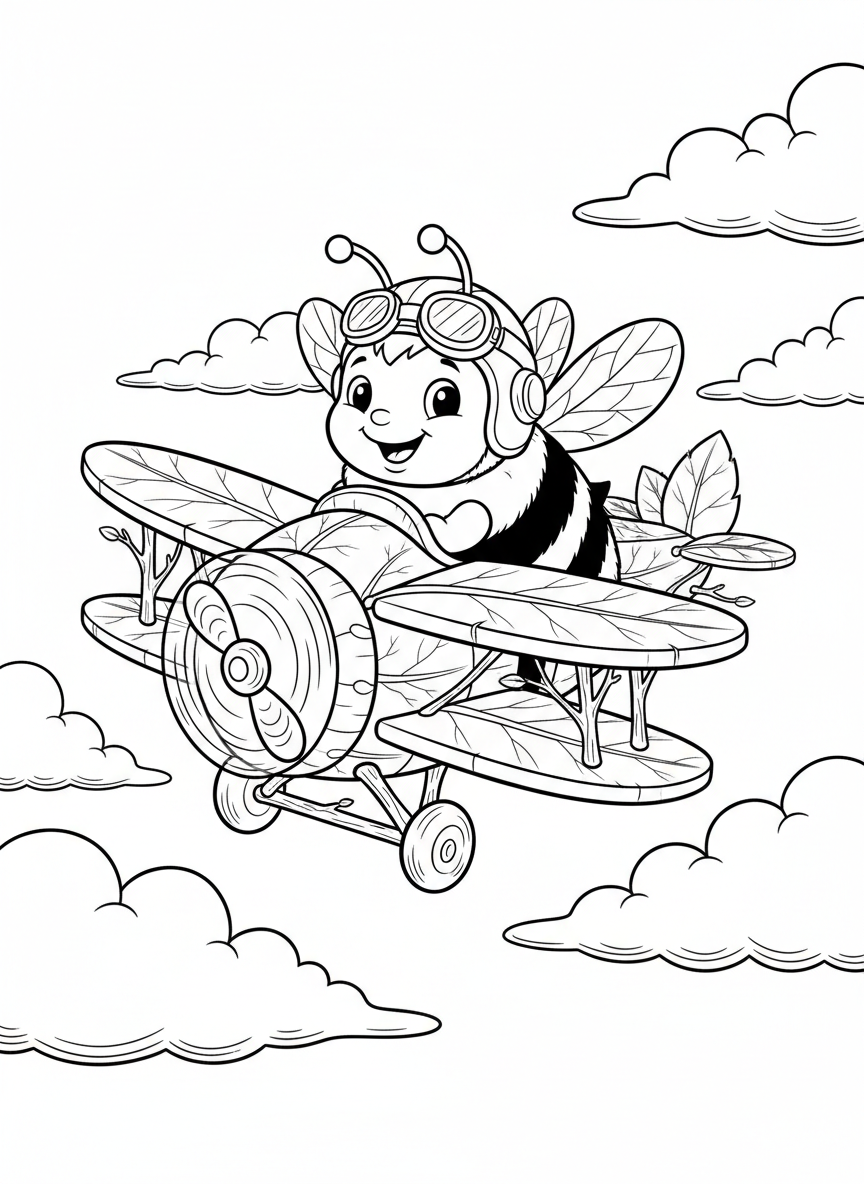 Bumblebee Pilot Biplane Coloring Page for Kids