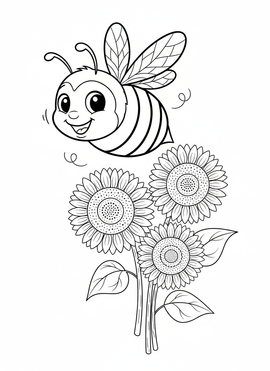 Bumblebee & Sunflowers Coloring Page