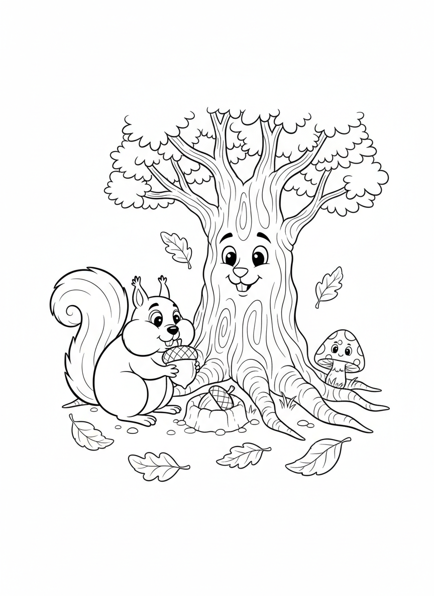 Busy Squirrel Burying Acorns Coloring Page