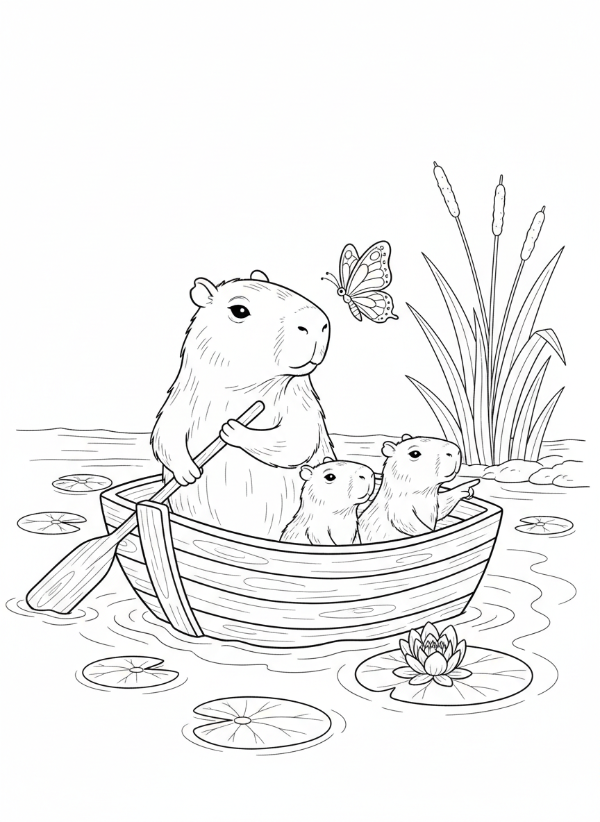 Capybara Family River Adventure Coloring Page