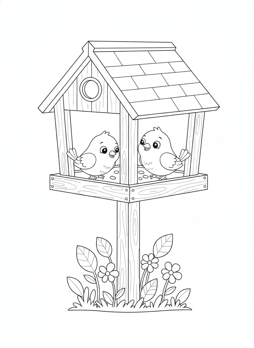 Charming Bird Feeder with Cute Birds Coloring Page for Kids