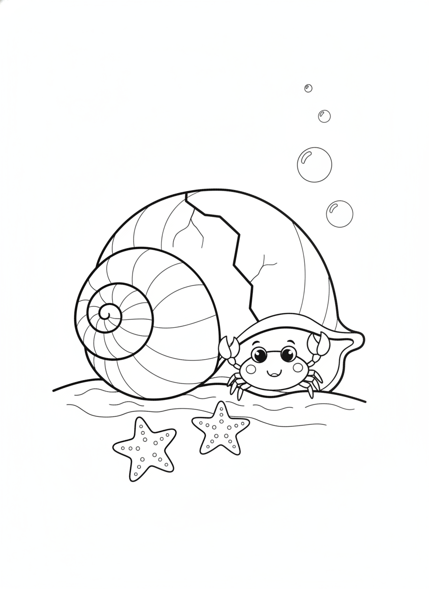 Charming Broken Conch Shell with Crab & Starfish: An Ocean Adventure Coloring Page