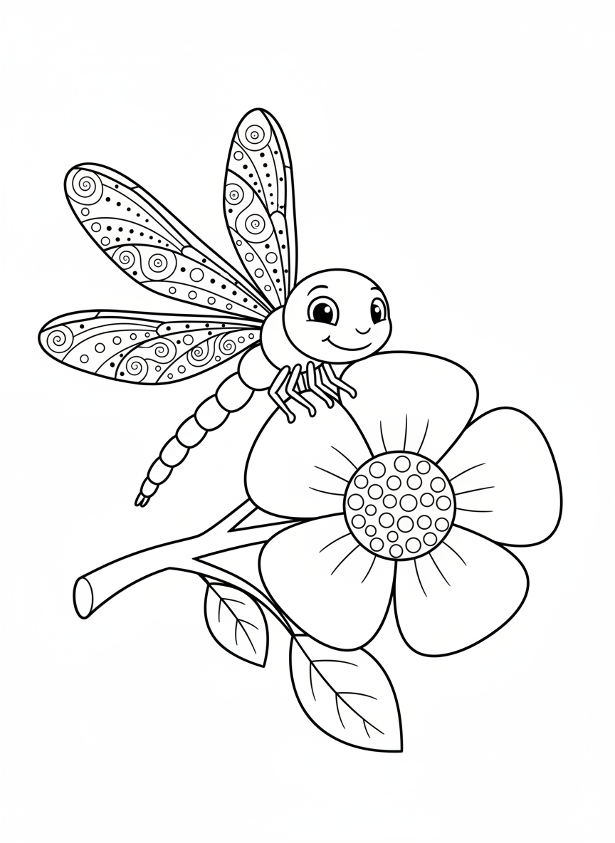 Charming Dragonfly on Blooming Flower Coloring Page