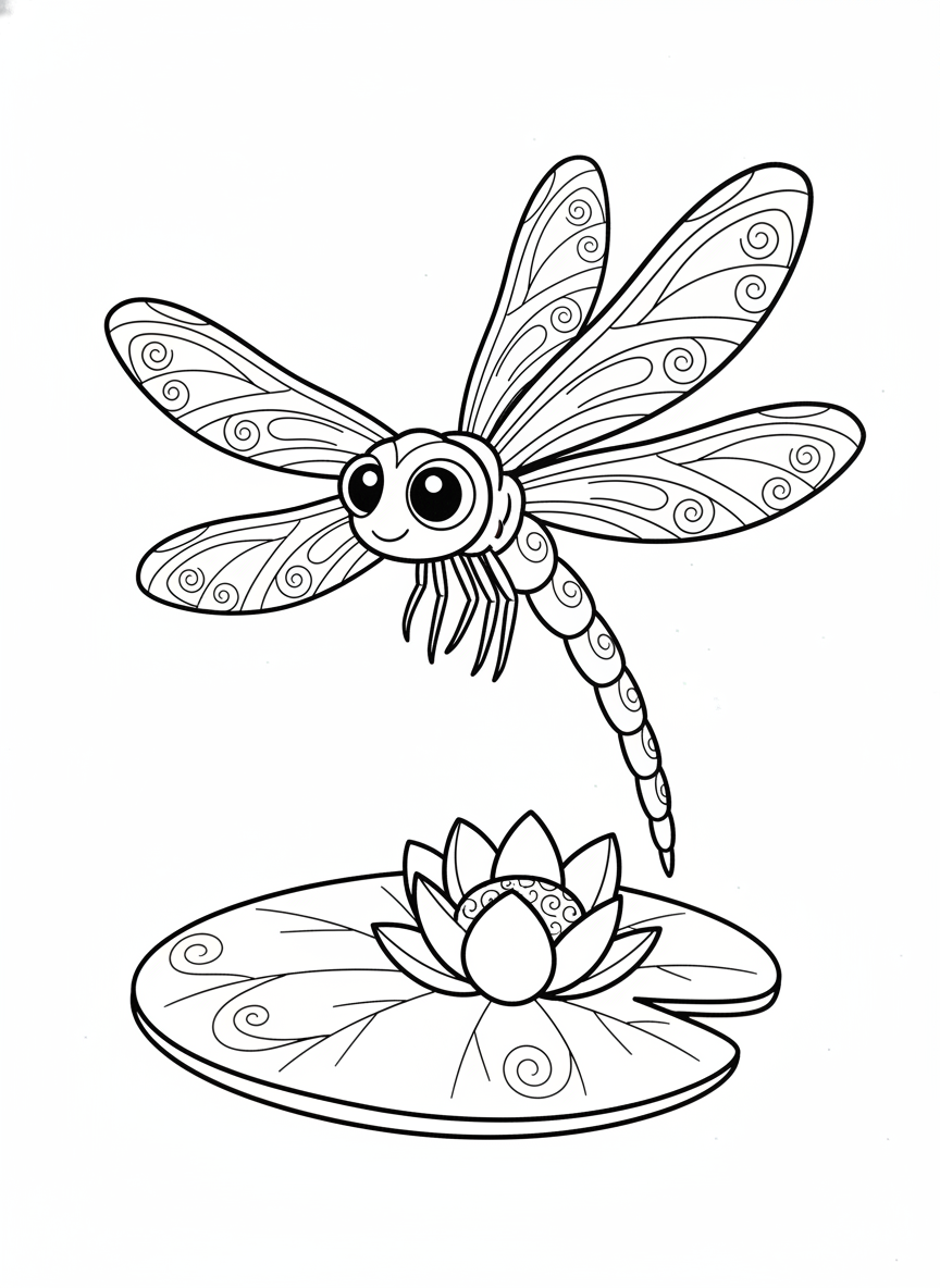 Charming Dragonfly on Lily Pad Coloring Page for Kids