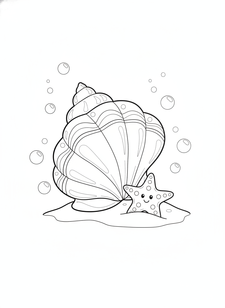 Charming Ocean Friends: Conch Shell & Starfish Coloring Page for Kids