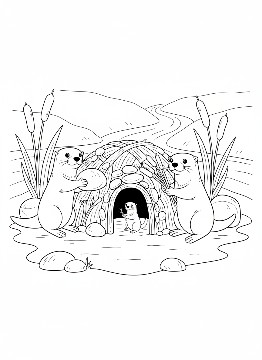可愛水獺家庭築巢塗色頁