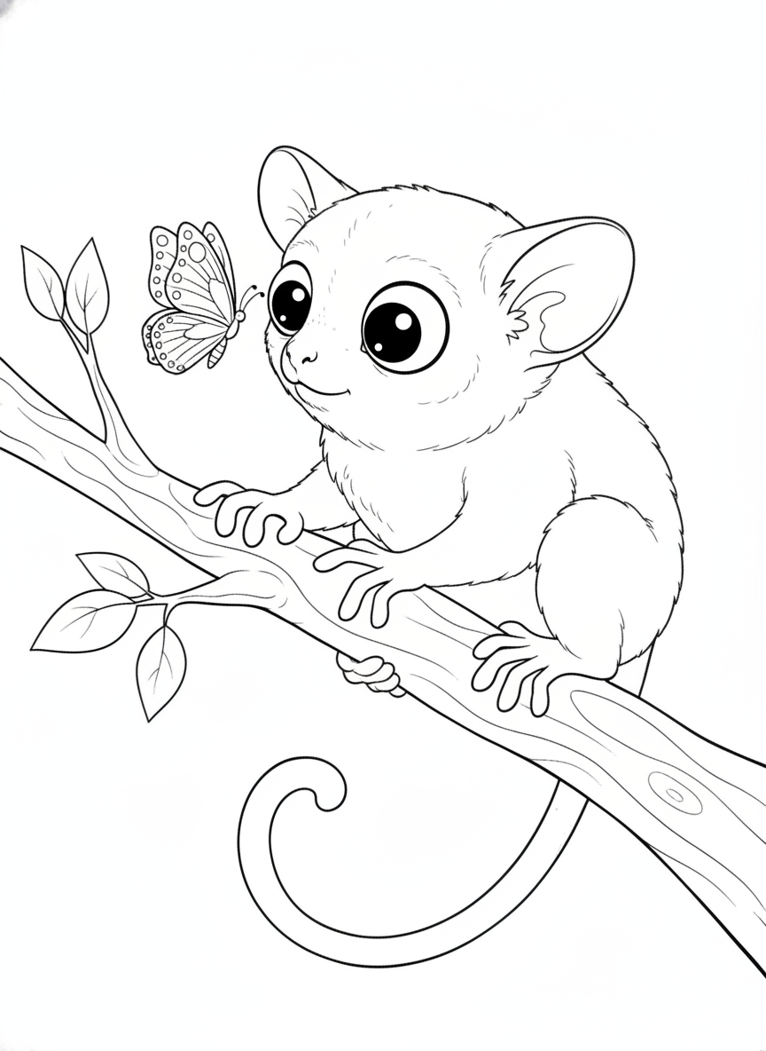 Charming Tarsier & Butterfly: Kids' Detailed Coloring Page