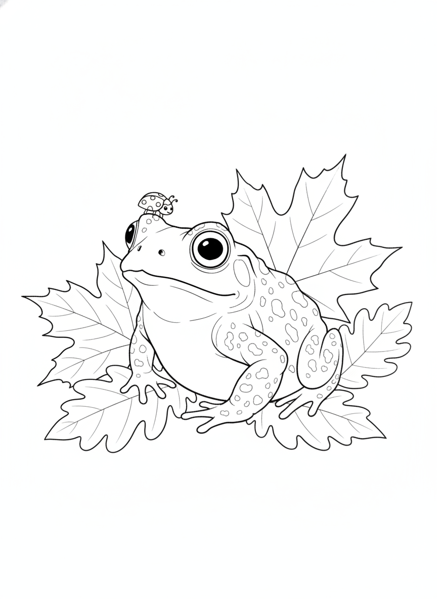 Charming Toad & Ladybug in Autumn Leaves Coloring Page