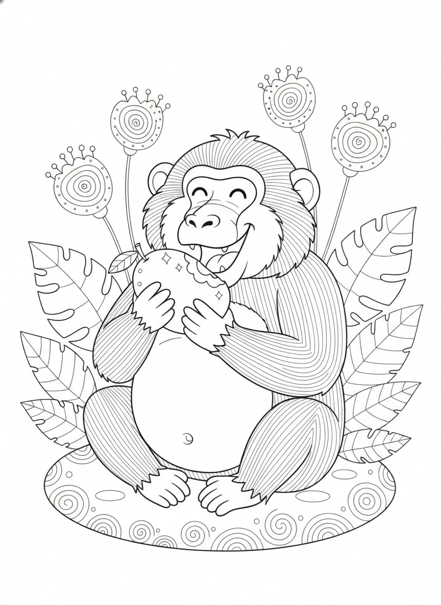 Cheerful Baboon with Mango: Fun Jungle Coloring Page for Kids