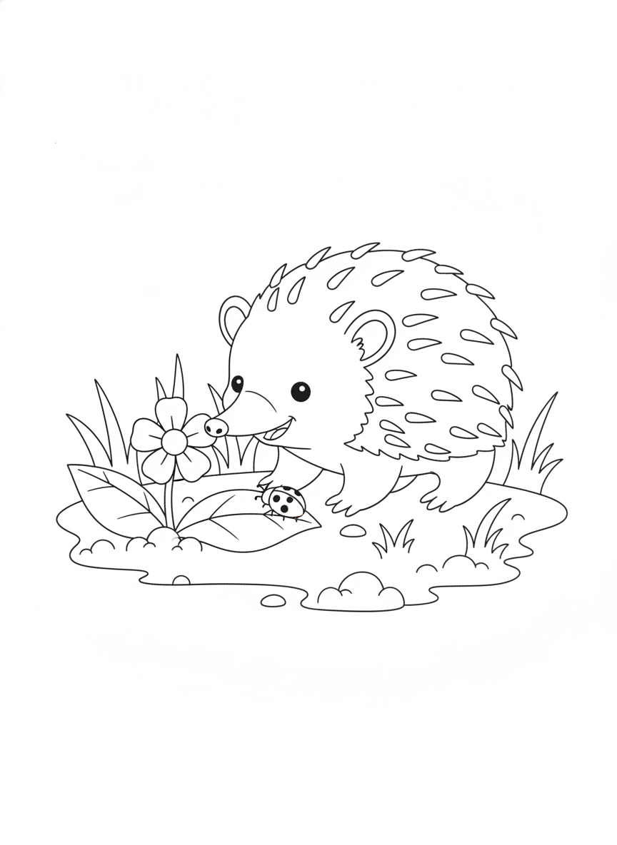 Cheerful Baby Echidna Exploring a Sunny Garden Coloring Page